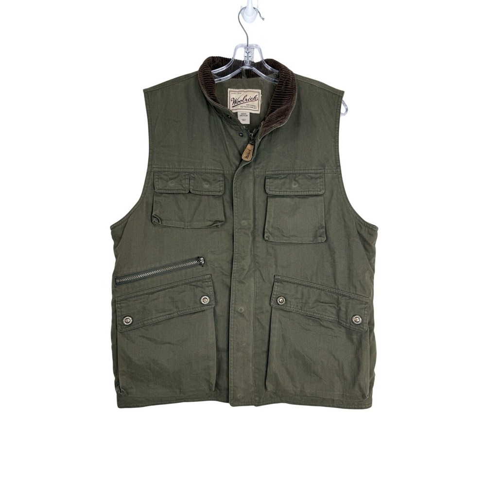 Woolrich Mens M Moss Green Plaid Flannel Lined Insulated Corduroy Collar Vest